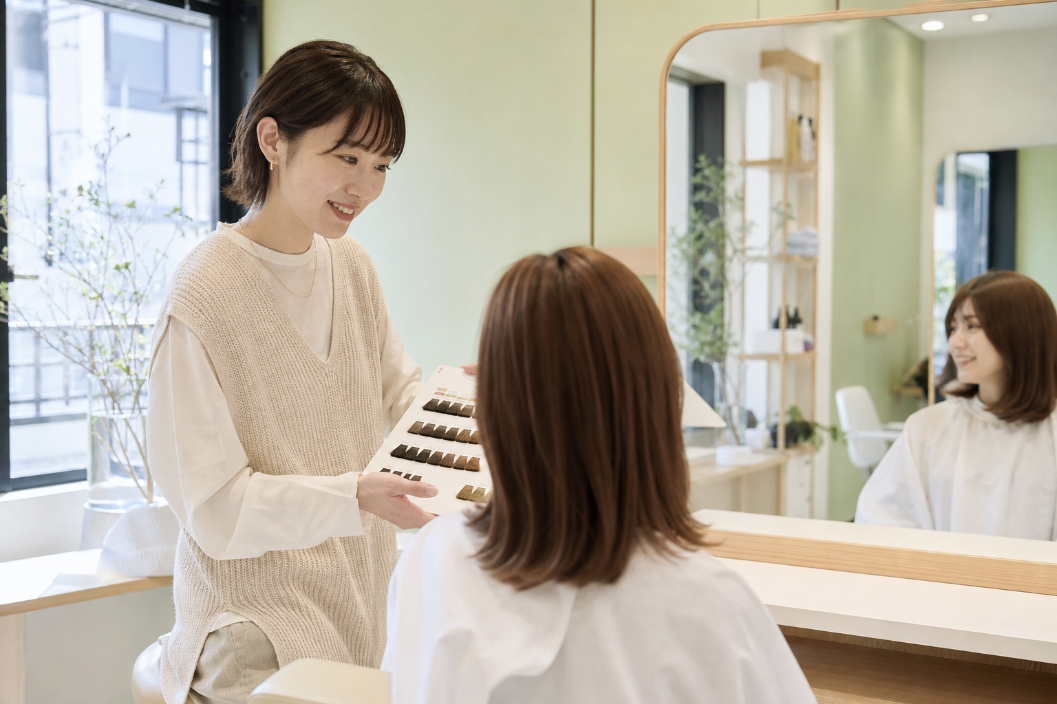 美容師が来店客に髪色を提案する明るい美容室